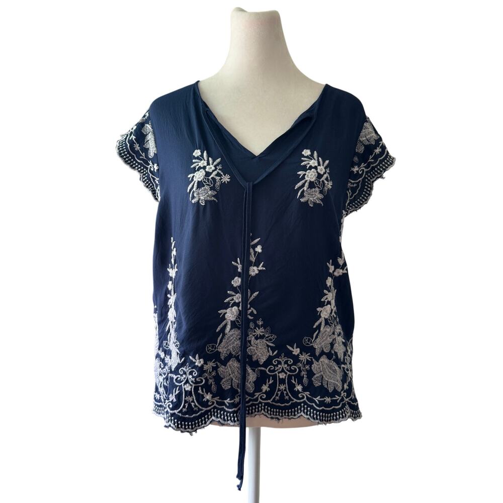 Mine Navy Blue & White Floral Embroidered Cap Sleeve Blouse